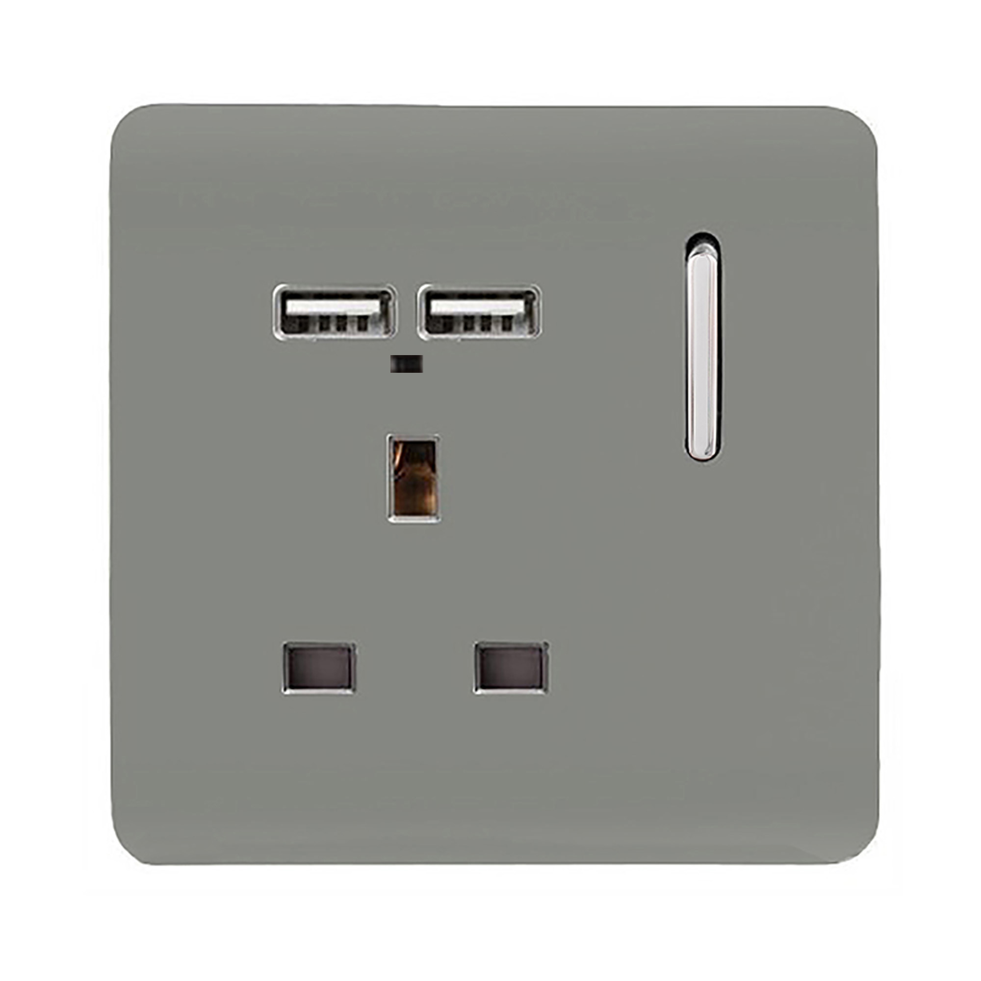 1 Gang Switched Single Socket 13A With 2 x USB-A 10W (Shared) With Neon Insert Light Grey